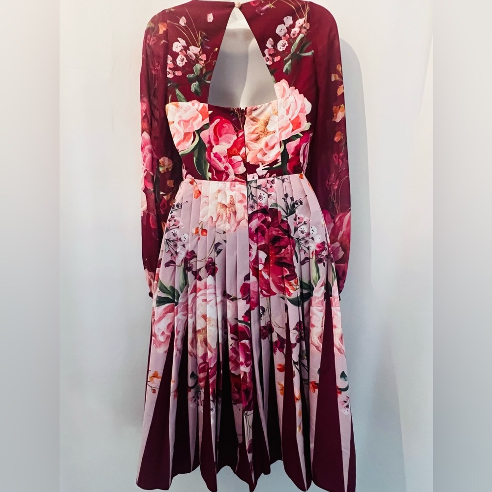 TED BAKER London Burgundy Floral Pleated Midi Dress Open Back|Long Sleeve|Size 0 - Picture 12 of 14